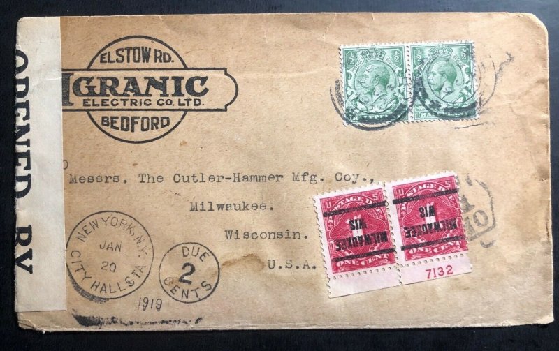 1919 Bedford England Advertising Postage Due  Cover To Milwaukee WI USA