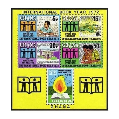 Ghana 445-449,449a sheet,MNH.Michel 458-462,Bl.45. Book Year IBY-1972,Snake.