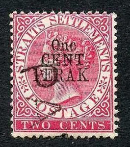 Perak SG37a One Cent type 34 on 2c Bright Rose fine used Cat 29 pounds 