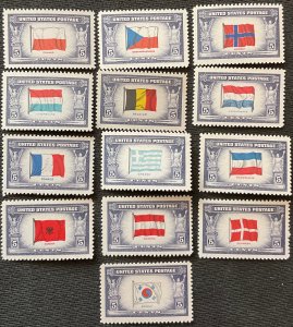 US #909-921 MNH 13 Singles Flags of Overrun Countries SCV $4.20 L44