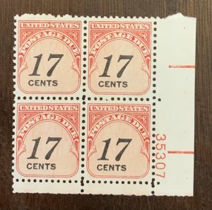 US Postage Due 17 cent #J104; Plate Block MNH -- SCV $22.50