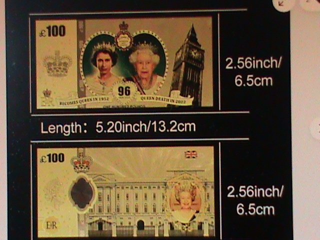 ​UNITED KINDOM-QUEEN ELIZABTH II 24 KARAT GOLD REPLICA $100 -VF WITH CERTIFICATE