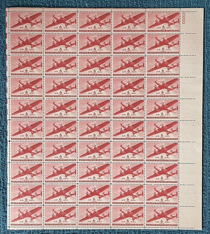 Scott #C25, 6c Transport Aircraft, Airmail Mint Sheet of 50, 1941 Issue. MNH