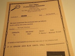 US Stamp, Scott #1b 1847 5c Franklin Used Orange Brown w/Certificate SCV $825.00