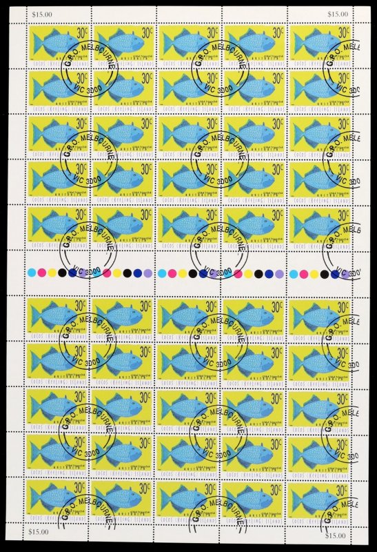 COCOS (KEELING) ISLANDS 1995 Fish 30c sheet of 50. VF CTO. SG 333 cat £32 