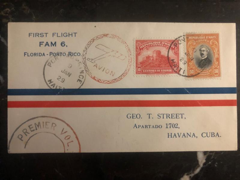 1929 Port Prince Haiti First Flight airmail cover FFC to Havana Cuba FAM 6