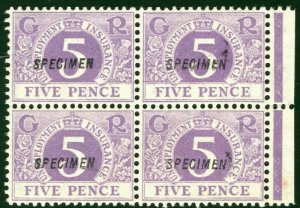 GB KGV Revenue 5d Mauve UNEMPLOYMENT (1921) *SPECIMEN* BLOCK Mint MNH S2WHITE26