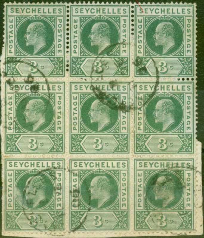 Seychelles 1903 3c Dull Green SG47a Dented Frame ina Fine Used Block of 9 on ...