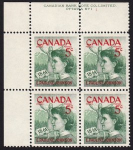 HISTORY = MOHAWK PRINCESS PAULINE JOHNSON = Canada 1961 #392 MNH UL Block of 4