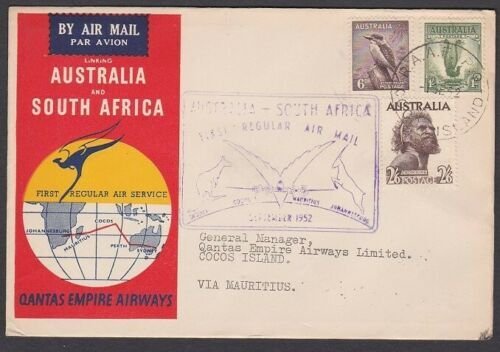 COCOS ISLAND 1952 Qantas flight cover to Mauritius - RAAF PO COCOS cds......W557 