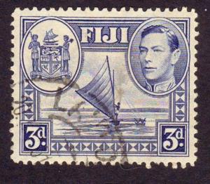 Fiji 1942 SG#257 3d Blue Native Canoe Arms & KGVI Head USED.