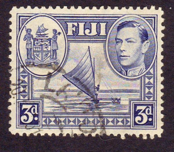 Fiji 1942 SG#257 3d Blue Native Canoe Arms & KGVI Head USED.