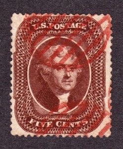 US 30a 5c Jefferson Used Single VF-XF w/ Red Grids SCV $450+