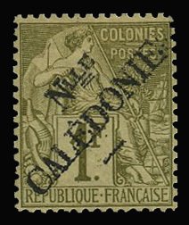 French Colonies, New Caledonia #33 Cat$190, 1892 1fr bronze green, hinged, ha...