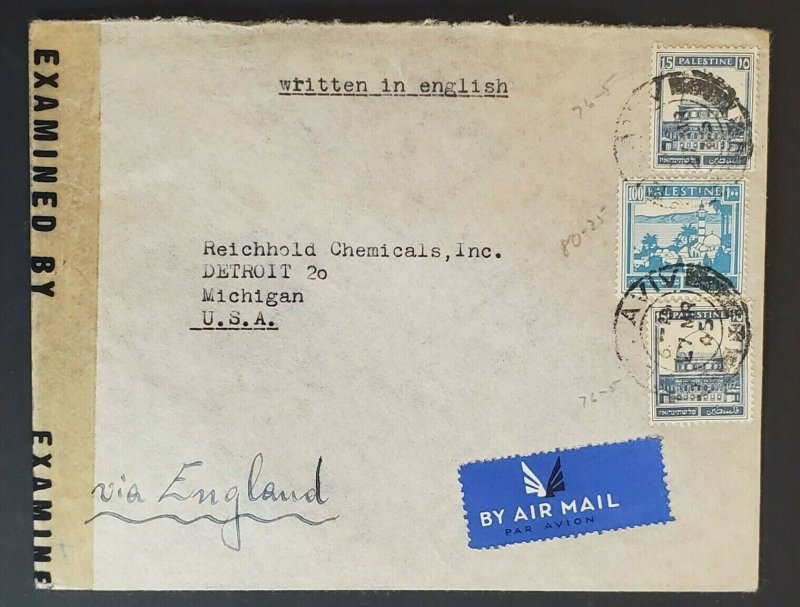 1945 Palestine to Detroit Michigan Reichhold Chemicals Censorship Air Mail Cover