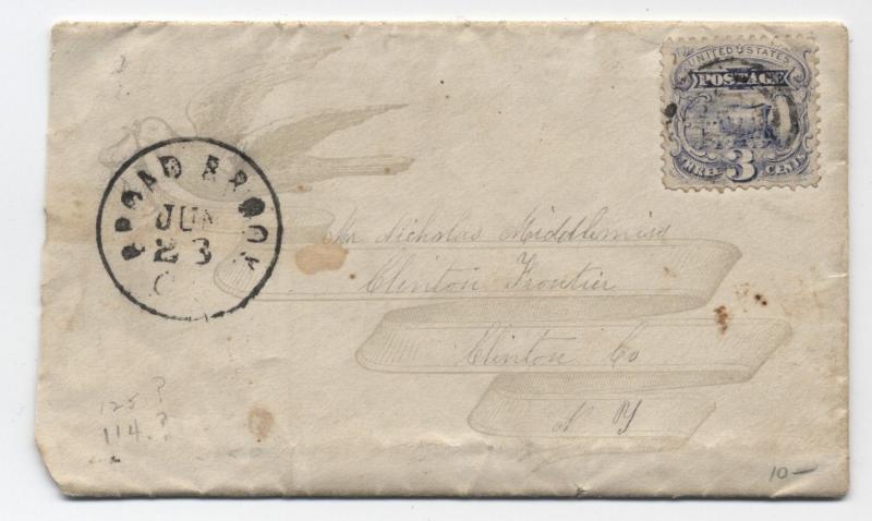 1870 Broad Brook CT on #114 3ct 1869 cover with bird and ribbon [y1760]