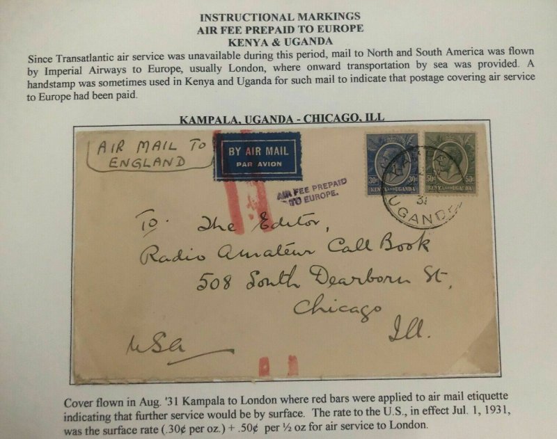 1931 Kampala Uganda Early Airmail Cover To Chicago IL USA Via London England