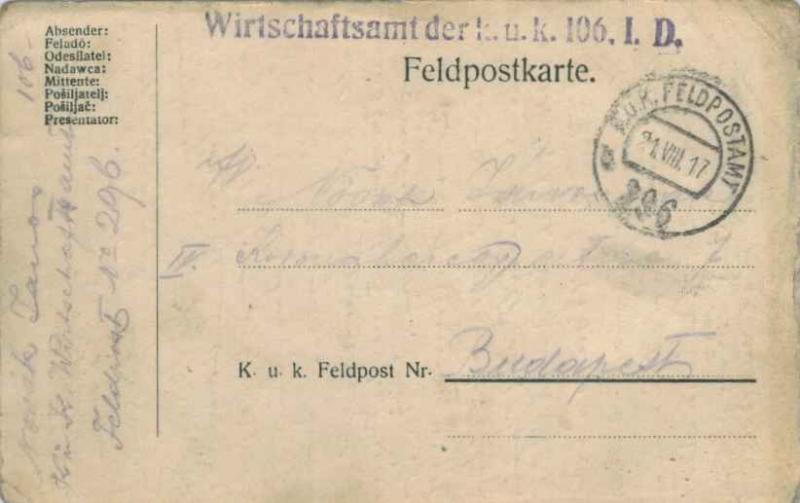 Austria Soldier's Free Mail 1917 K.u.k. Feldpostamt, 296b Feldpostkarte Postc...