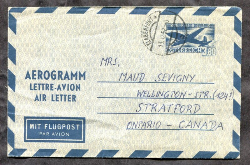 d998 - AUSTRIA 1952 Air Letter / Aerogramme Cover to Canada. Contents