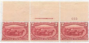 US# 286 $.02 Trans-Mississippi,Cooper Red, plate# strip of 3 (MNH)  CV $230.00
