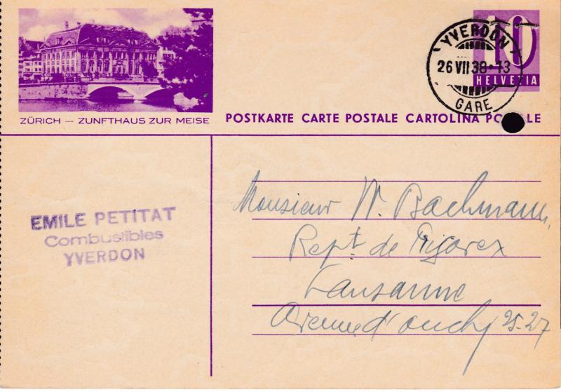 Switzerland 1938  10c Postal Card Yverdon to Lausanne VF Nice Bild