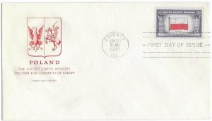 1943 FDC, #909, 5c Overrun Country - Poland, House of Farnam, machine cancel