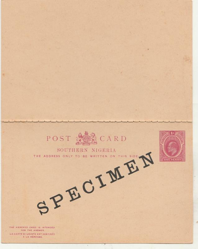 SOUTHERN NIGERIA 1903 KEVII 1D SPECIMEN DOUBLE REPLY POSTCARD