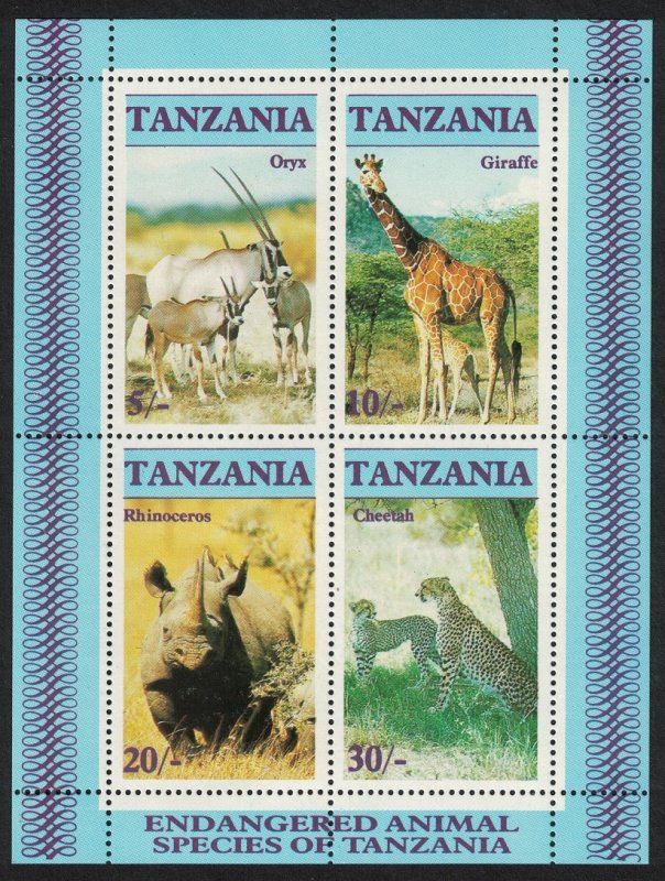 Tanzania Oryx Giraffe Rhinoceros Cheetah MS 1986 MNH SC#318a SG#MS483