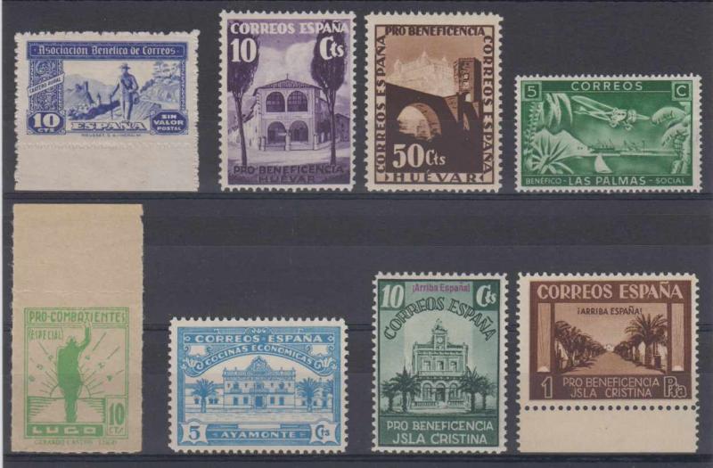 SPAIN 1930+ PRO BENEFICENCIA, COMBATIENTES 8 STAMPS HUEVAR, LAS PALMAS, AYAMONTE