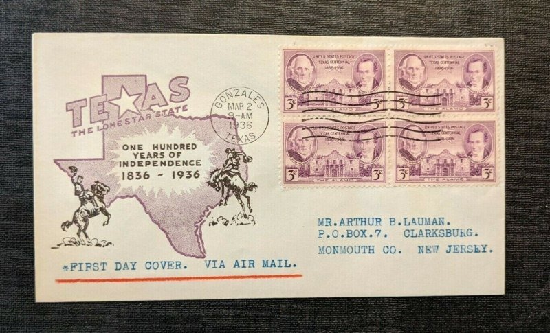 1936 Lone Star State Texas Gonzales TX FDC 776 14a Airmail Cover Monmouth Co NJ