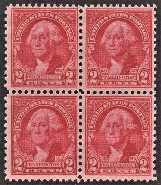 US 707 MNH VF 2 Cent Washington Block of 4-Carmine Rose