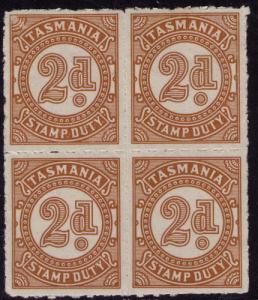 Tasmania 2 d  stamp Duty Mint NH  block of 4