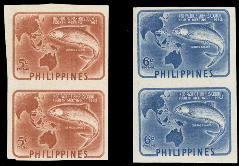 Philippines #578-579var, 1952 Fish, imperforate vertical pairs, unused withou...