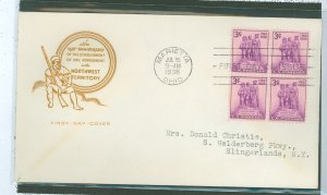 US 837 1938 3c Northwest Territory 150th Anniversary, Block Of 4, On An Addressed, Typed, FDC With A House Of Farnum Cachet