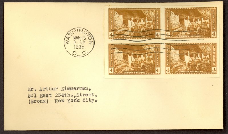 USA 1935 4c MESA VERDE NATIONAL PARKS Block of 4 FDC Sc 759