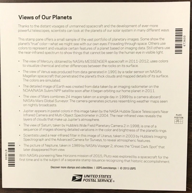 5069-5076    Views of our Planets   MNH Forever sheet of 16   FV $8.80   2016