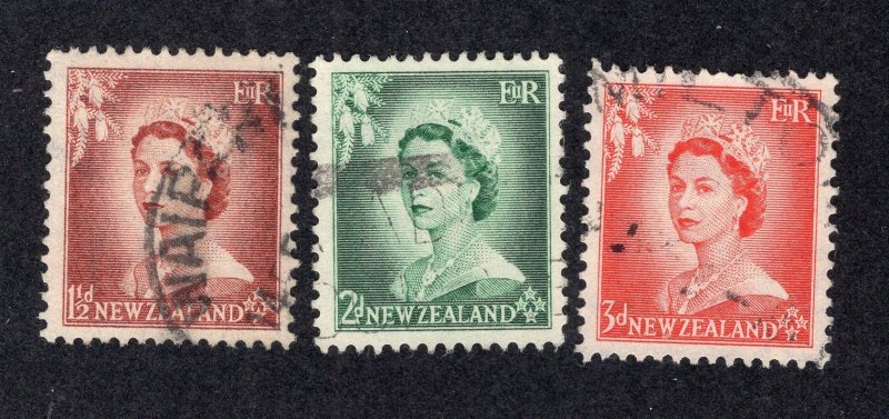 New Zealand 1953-57 1 1/2p to 3p Elizabeth, Scott 290-292 used, value = 75c