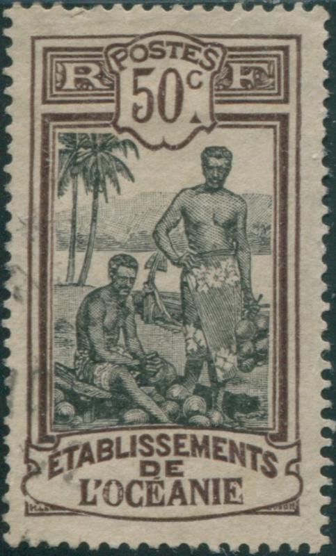 French Oceania 1913 SG32 50c black and brown Kanakas FU