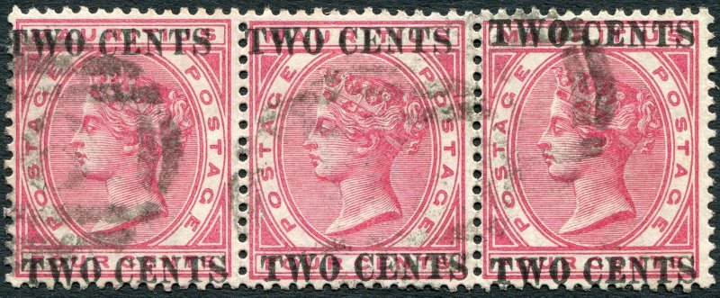 Mauritius 1891 2c on 4c carmine Surcharge double error SG118b used strip of 3