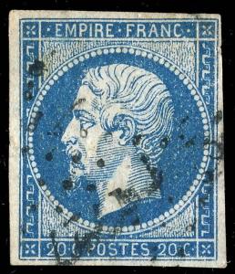 FRANCE - N°14A 20c EMPIRE ND Type 1 OBLITÉRÉ (01a) pli horizontal & plis d'angle