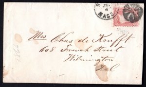 US 1860 Sc. 65 TIED FANCY CANCEL BOSTON MASS. TO WILMINGTON, DEL.