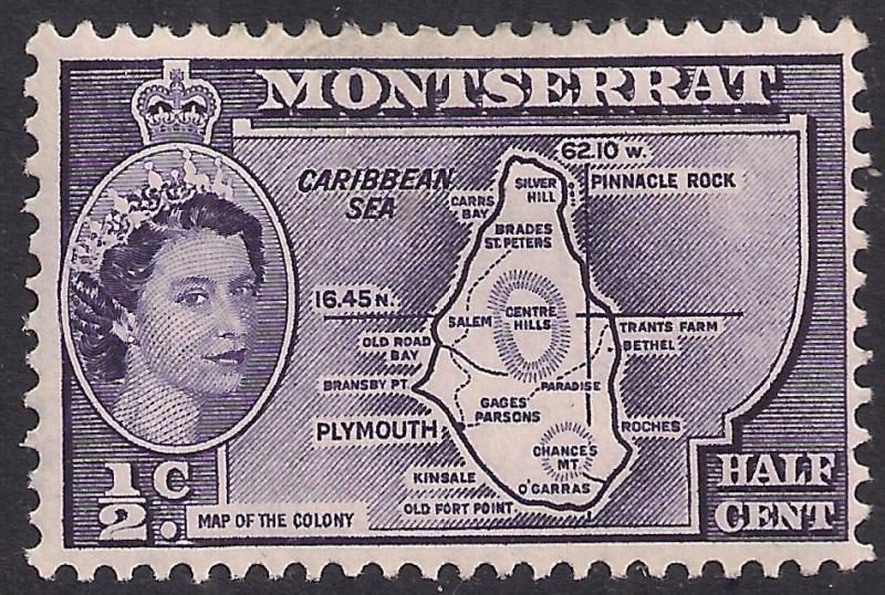 Montserrat 1953 - 62 QE2 1/2 ct Deep Violet MM SG 136b ( E32 )