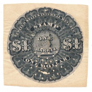 REA5 Series 1866 Federal Beer Tax U.S. Revenue Stamp, $1 handstamped, St. Louis