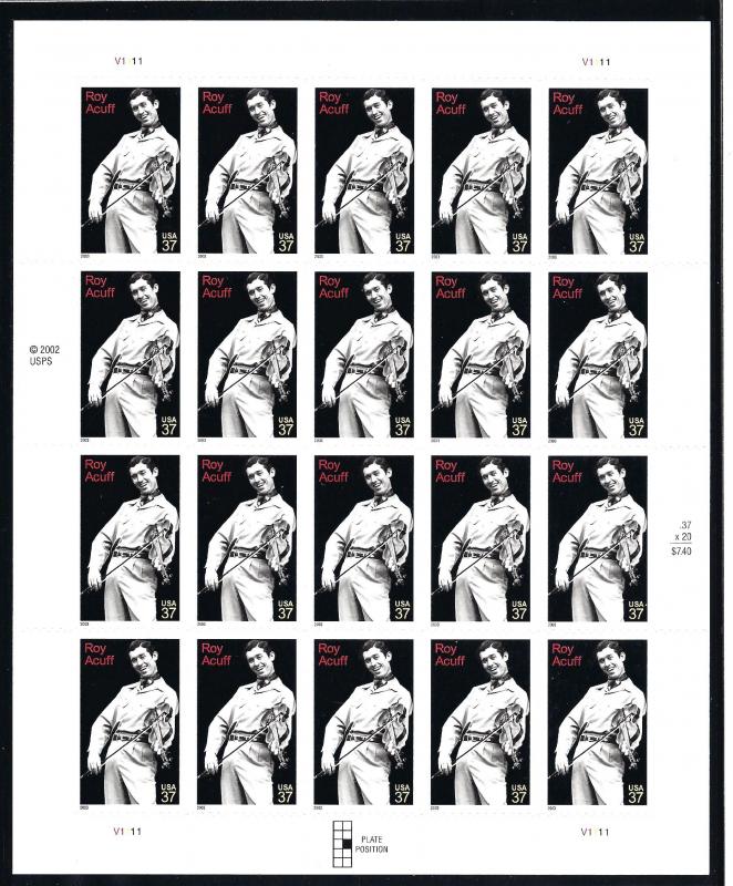 3812,  P. O. FRESH PANE of TWENTY, **XF/SUPERB*, MINT NH