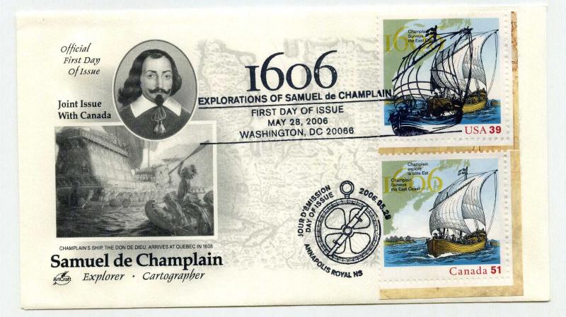 4074 + Canada Samuel de Champlain ArtCraft dual cancel FDC Washington, DC.