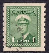 Canada #263 1 cent King George 6, Coil Green used F-VF