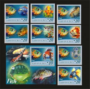 Stamps. Fauna. Fish  2023 year block + 8 stamps  perf Guyana NEW