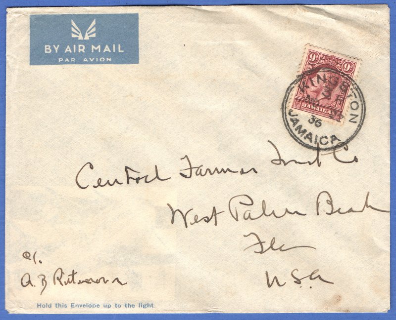 JAMAICA 1936 Imperial Airways cover 9d solo, KINGSTON to USA, SG 110