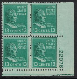 Scott 818- MNH Plate Block- 13c Fillmore, Presidential Prexie Series, 1938