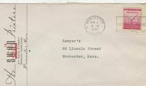U.S. THE SWAN PRINTERS, Mass. 1942 Slogan V Cinderella Back Stamp Cover Rf 47496